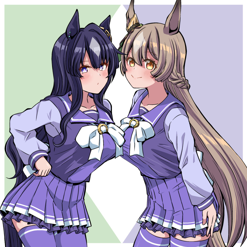 2girls, animal_ears, black_hair, bow, breast_press, breasts, brown_eyes, brown_hair