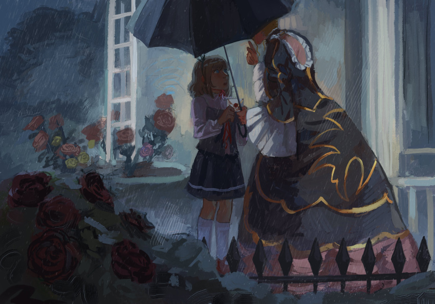2girls, absurdres, backless_dress, backless_outfit, beatrice_(umineko), black_dress, brown_hair, child, commentary, dress, english_commentary, envelope, flower, highres, holding, holding_umbrella, long_dress, long_hair, looking_at_another, multiple_girls, night, open_mouth, outdoors, peachducy, rain, red_flower, red_rose, rose, standing, umbrella, umineko_no_naku_koro_ni, ushiromiya_maria