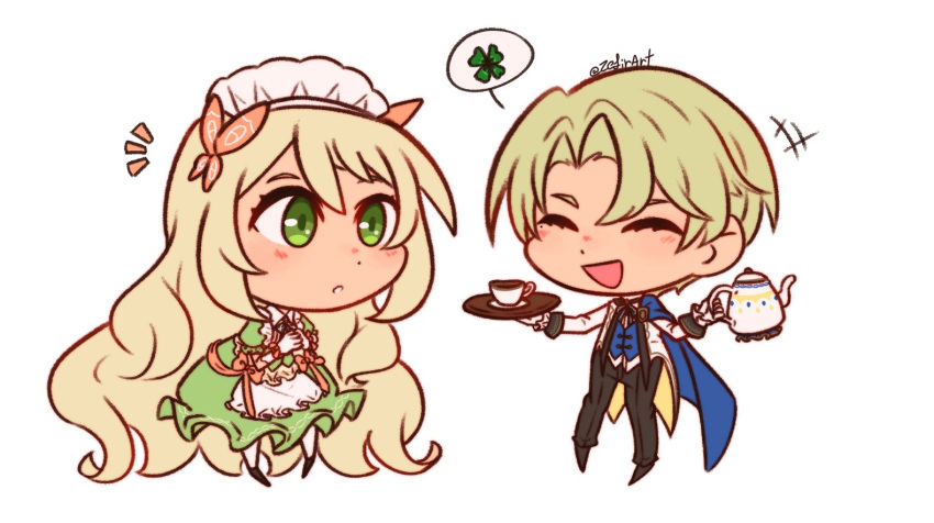 1boy, 1girl, alfred_(fire_emblem), alternate_costume, apron, black_pants, blonde_hair, blue_cape
