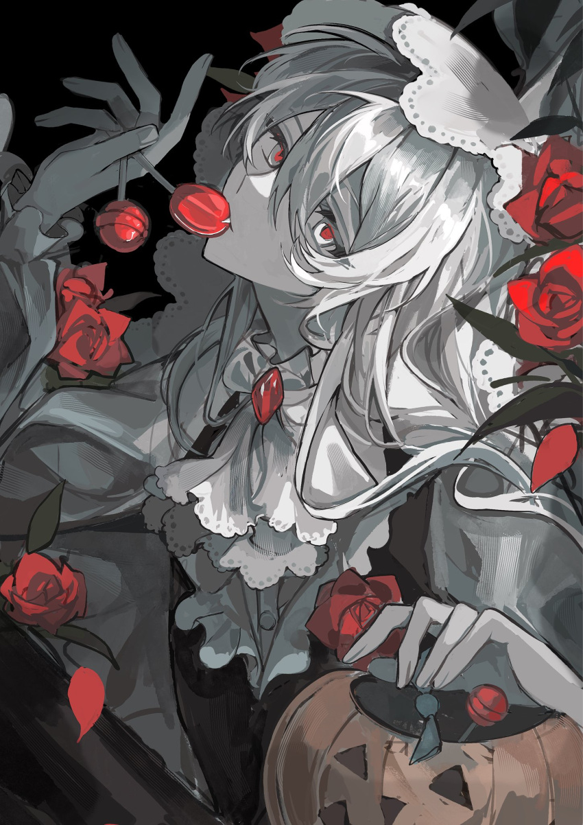 1girl, ascot, black_background, black_vest, brooch, candy, collared_shirt, commentary_request