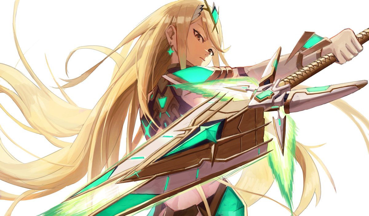 1girl, aegis_sword_(xenoblade), blonde_hair, commentary_request, earrings, floating_hair, holding, holding_sword