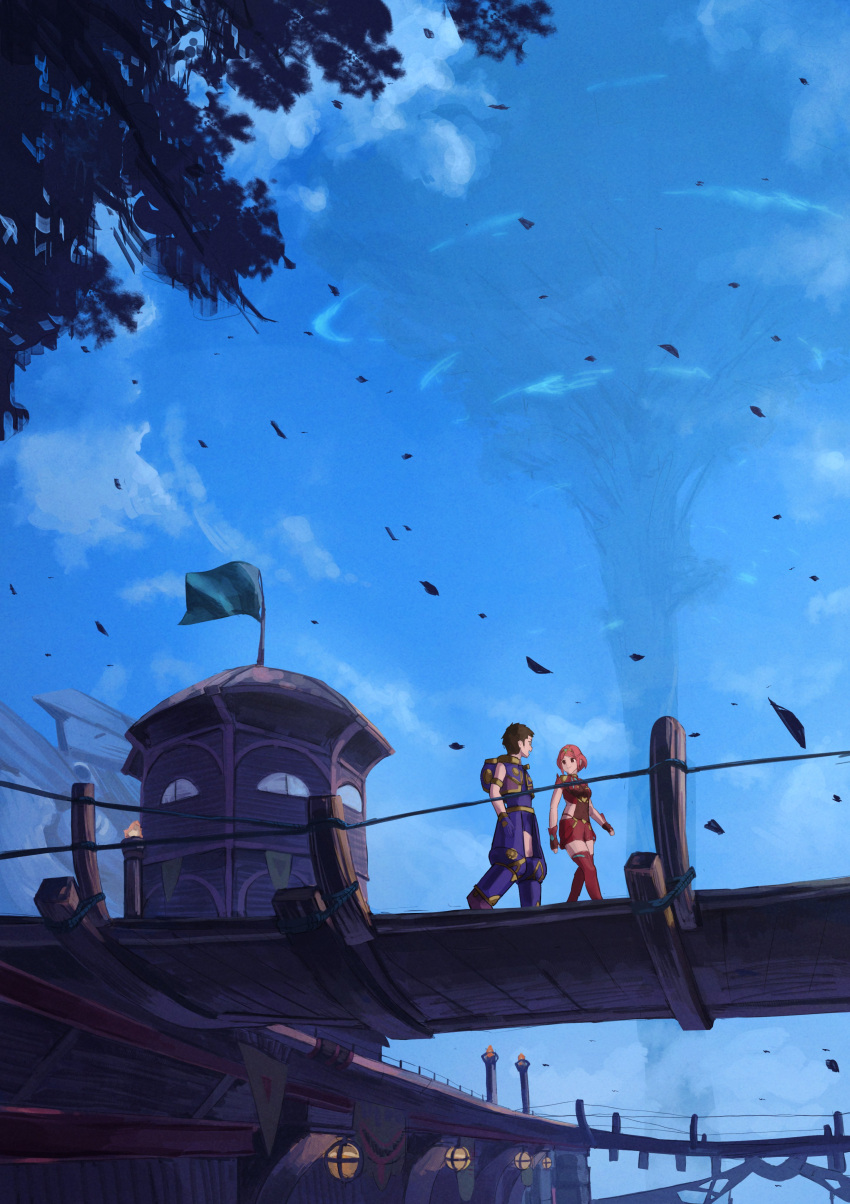 1boy, 1girl, absurdres, blue_sky, bridge, closed_mouth, commentary_request, falling_leaves
