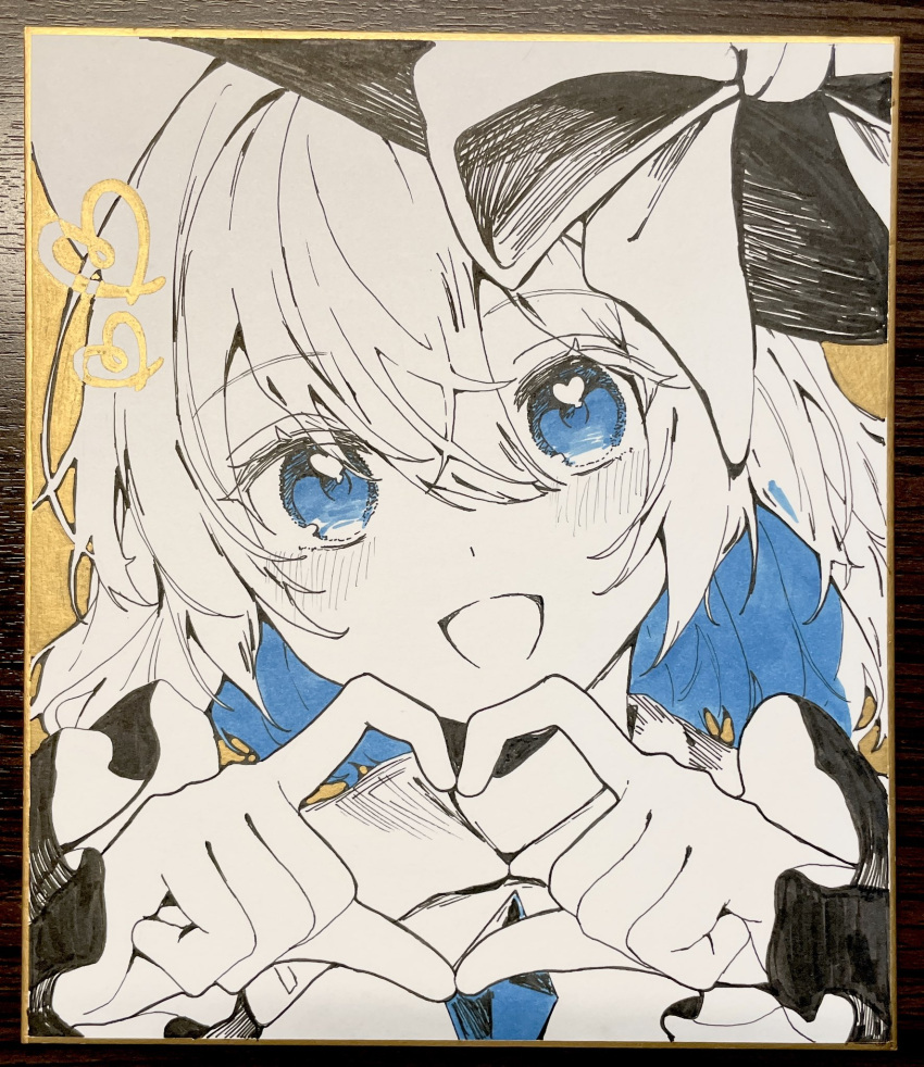 1girl, :d, batory_ken, black_hat, blue_eyes, bow, buttons, collared_shirt
