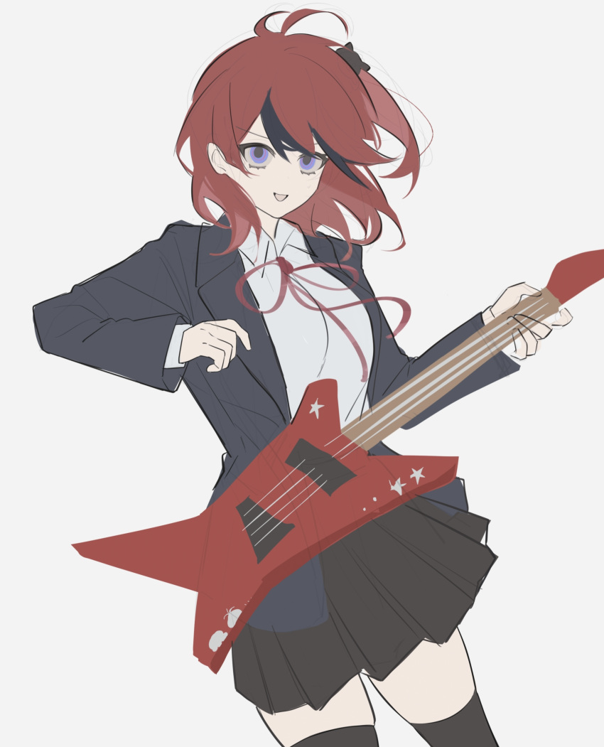 1girl, absurdres, ahoge, black_hair, black_jacket, black_skirt, black_thighhighs, blue_eyes, chinese_commentary, collared_shirt, commentary_request, cowboy_shot, genderswap, genderswap_(mtf), grey_background, guitar, hair_between_eyes, hair_ornament, highres, holding, holding_instrument, instrument, jacket, jiang263, lapels, medium_hair, miniskirt, multicolored_hair, neck_ribbon, notched_lapels, one_side_up, open_clothes, open_jacket, open_mouth, pleated_skirt, red_hair, red_ribbon, ribbon, school_uniform, shirt, simple_background, sketch, skirt, smile, solo, streaked_hair, sumino_takumi, the_hundred_line_-last_defense_academy-, thigh-highs, two-tone_hair, v-shaped_eyebrows, white_shirt, zettai_ryouiki