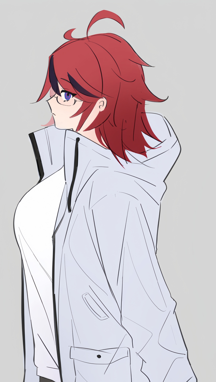 1girl, absurdres, ahoge, aotsuki_eito, aotsuki_eito_(cosplay), black_hair, blue_eyes, chinese_commentary, closed_mouth, commentary_request, cosplay, genderswap, genderswap_(mtf), glasses, grey_background, grey_jacket, highres, jacket, jiang263, medium_hair, multicolored_hair, open_clothes, open_jacket, red_hair, semi-rimless_eyewear, shirt, simple_background, solo, streaked_hair, sumino_takumi, the_hundred_line_-last_defense_academy-, two-tone_hair, white_shirt
