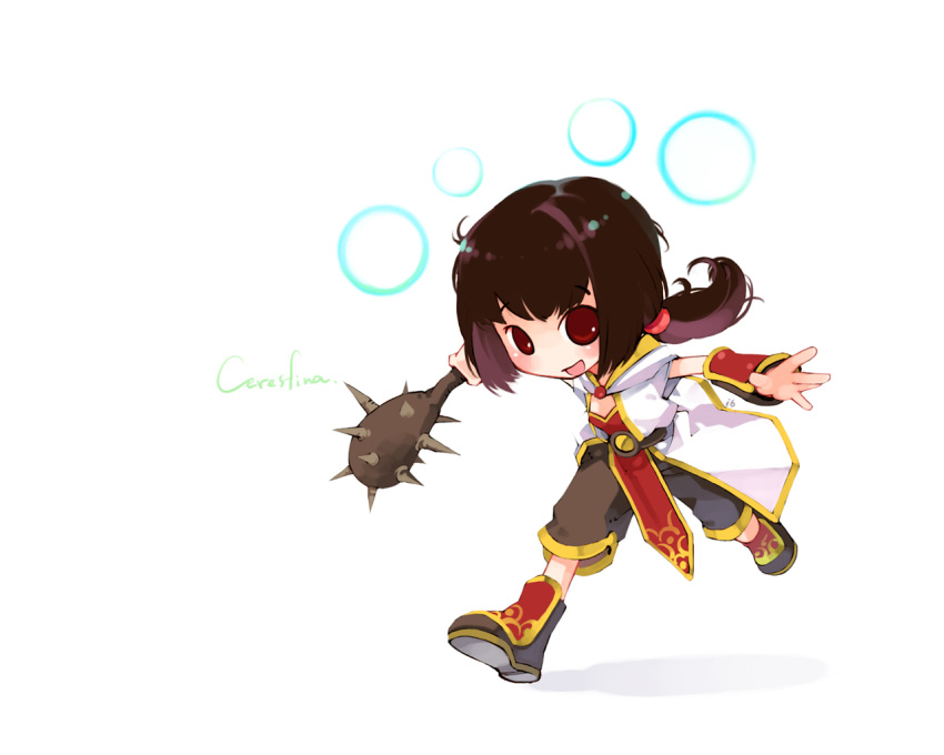 1girl, blush, boots, brown_boots, brown_hair, brown_shorts, champion_(ragnarok_online), club_(weapon)