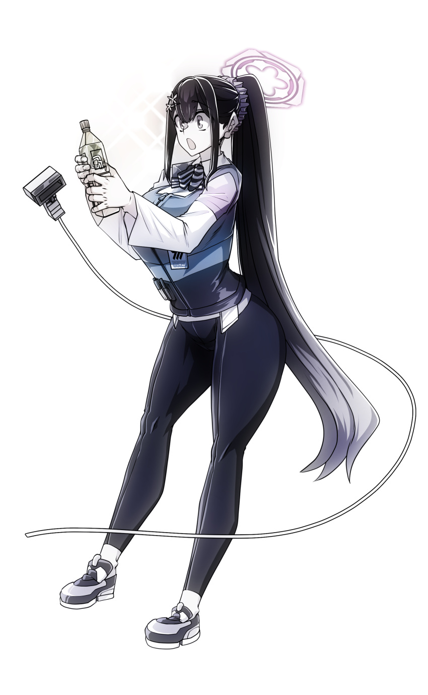 1girl, absurdres, barcode_scanner, black_hair, black_pants, blue_archive, bottle, breasts, employee_uniform, eyebrows_hidden_by_hair, from_side, full_body, hair_ornament, hair_scrunchie, highres, holding, holding_bottle, large_breasts, lazy_ant, long_hair, looking_at_another, open_mouth, pale_skin, pants, plastic_bottle, ponytail, scrunchie, shoes, simple_background, sneakers, solo, sumire_(blue_archive), surprised, very_long_hair, violet_eyes, white_background