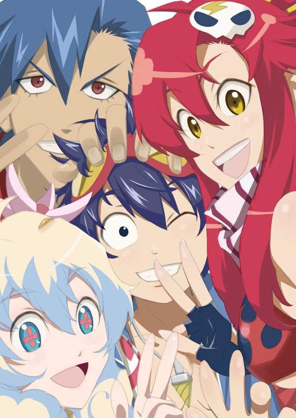 bad_id, blue_hair, grin, happy, kamina, katou_takaaki, multicolored_hair, nia_teppelin