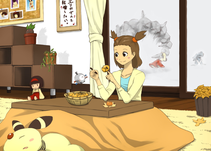 alternate_hairstyle, ampharos, bad_id, blush, brown_hair, doll, drawing, erika_(pokemon)