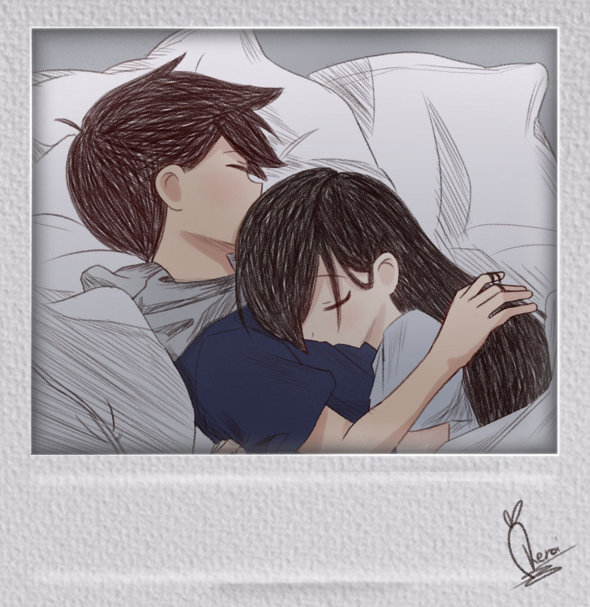 1boy, 1girl, black_hair, blush, brown_hair, closed_eyes, daikon_keroi, hero_(faraway)_(omori)
