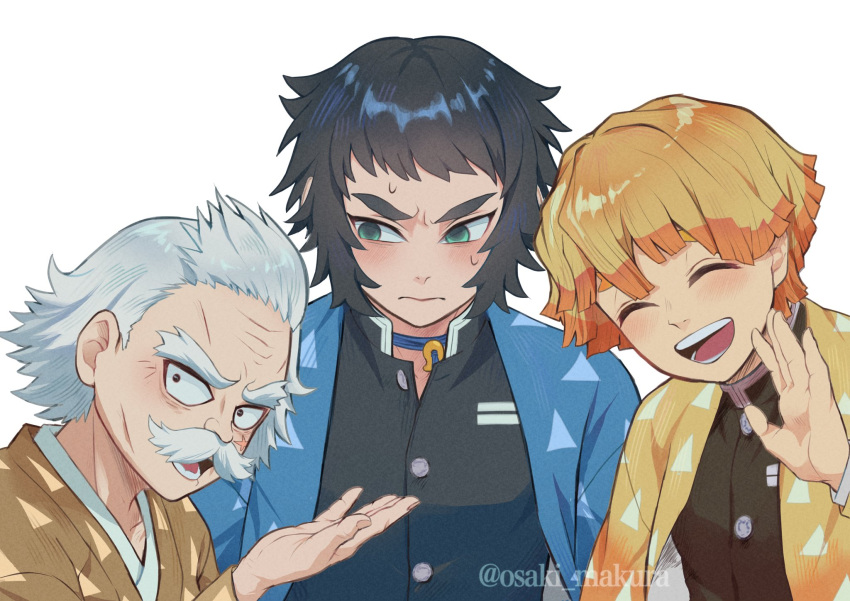3boys, agatsuma_zenitsu, black_hair, black_jacket, blonde_hair, blue_haori, blush, demon_slayer_uniform