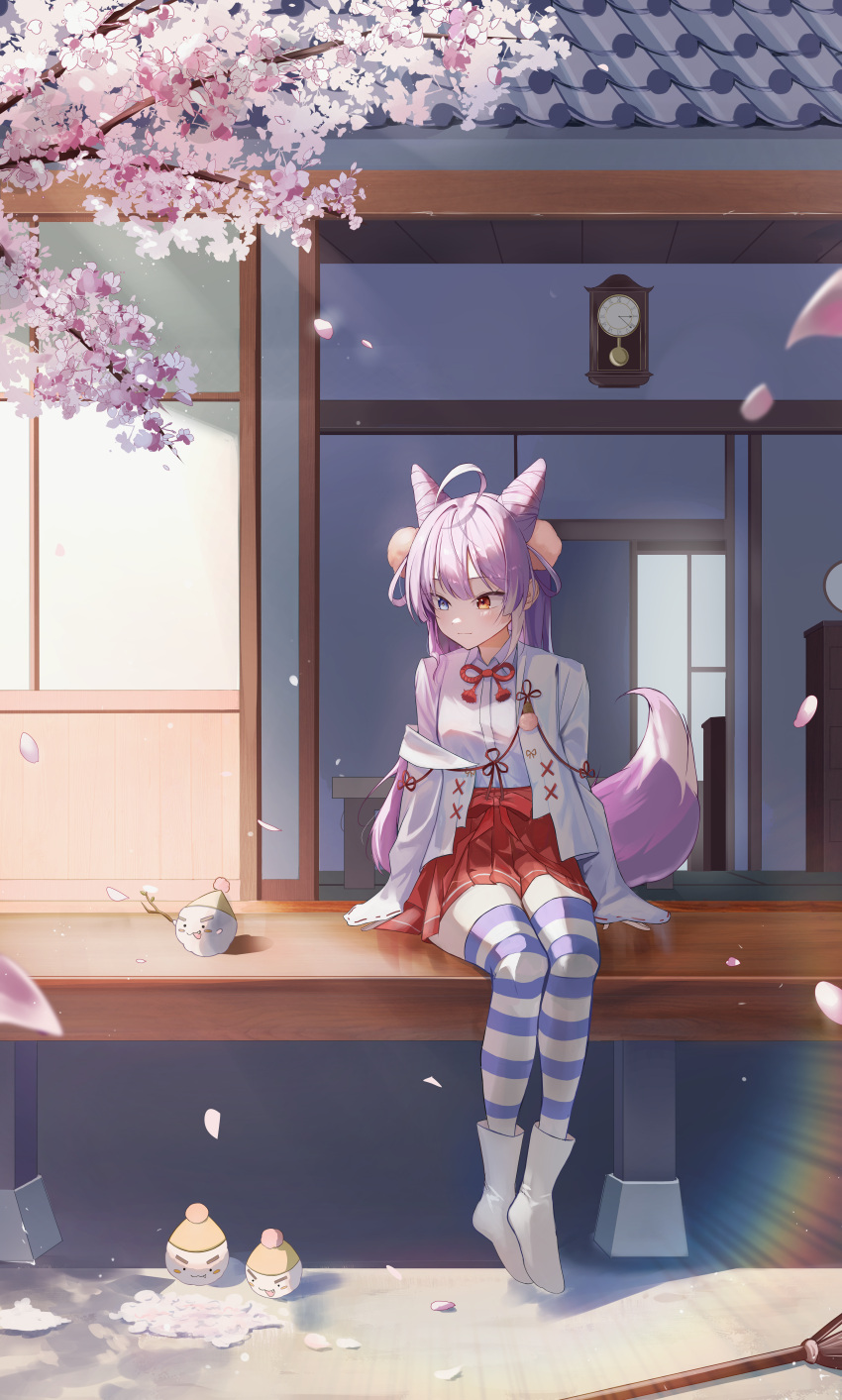 1girl, absurdres, ahoge, analog_clock, blue_eyes, boots, brown_eyes, center-flap_bangs