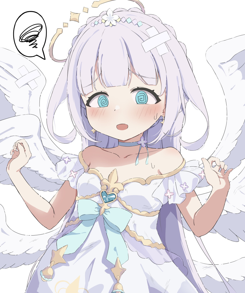 1girl, absurdres, angel, angel_wings, bare_shoulders, blue_eyes, blush, bow