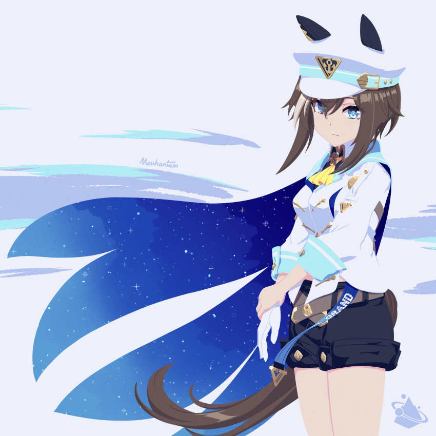 1girl, animal_ears, ascot, black_shorts, blue_cape, blue_eyes, breasts, brown_hair