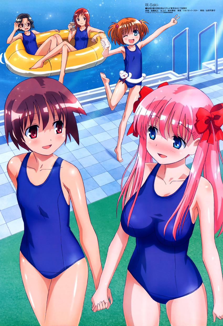 absurdres, adjusting_glasses, barefoot, black_hair, blue_eyes, blush, bow, breasts, crossed_legs, drink, eye_contact, feet, flat_chest, glasses, hair_bobbles, hair_bow, hair_ornament, haramura_nodoka, highres, holding_hands, inflatable_raft, kataoka_yuuki, large_breasts, legs, long_hair, megami, miyanaga_saki, multiple_girls, official_art, one-piece_swimsuit, orange_hair, pink_hair, pool, poolside, purple_hair, red_eyes, red_hair, saki, scan, school_swimsuit, short_hair, short_twintails, sitting, smile, someya_mako, standing_on_one_leg, swimsuit, swimsuit, taco, takahashi_nariyuki, takei_hisa, taut_shirt, tiptoes, twintails, v, water, wink