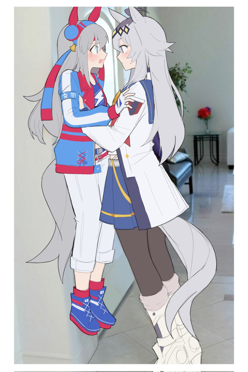 2girls, against_wall, animal_ears, black_pantyhose, blue_shoes, blue_skirt, blue_sports_bra, carrying, carrying_person, diamond_(shape), ear_covers, ear_ornament, eye_contact, fang, fingerless_gloves, from_side, gloves, grey_hair, hairband, height_difference, highres, horse_ears, horse_girl, horse_tail, indoors, lauren_phillips_lifting_alice_merchesi_(meme), lifting_person, lightning_bolt_print, lightning_bolt_symbol, looking_at_another, meme, multiple_girls, oguri_cap_(starlight_beat)_(umamusume), oguri_cap_(umamusume), open_mouth, operajoshi, pants, pantyhose, photo_background, shirt, shoes, skirt, sports_bra, sweat, tail, tamamo_cross_(umamusume), tamamo_cross_(with_lightning_speed)_(umamusume), umamusume, white_gloves, white_pants, white_shirt