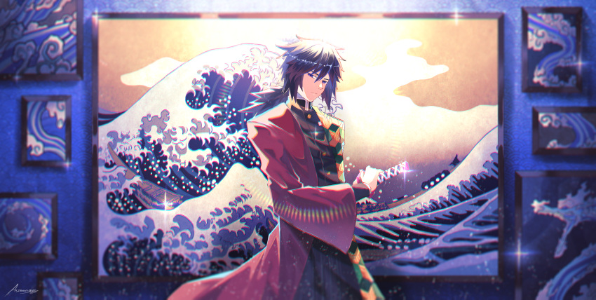 1boy, absurdres, astrovique, belt, black_hair, black_jacket, black_pants, blue_eyes