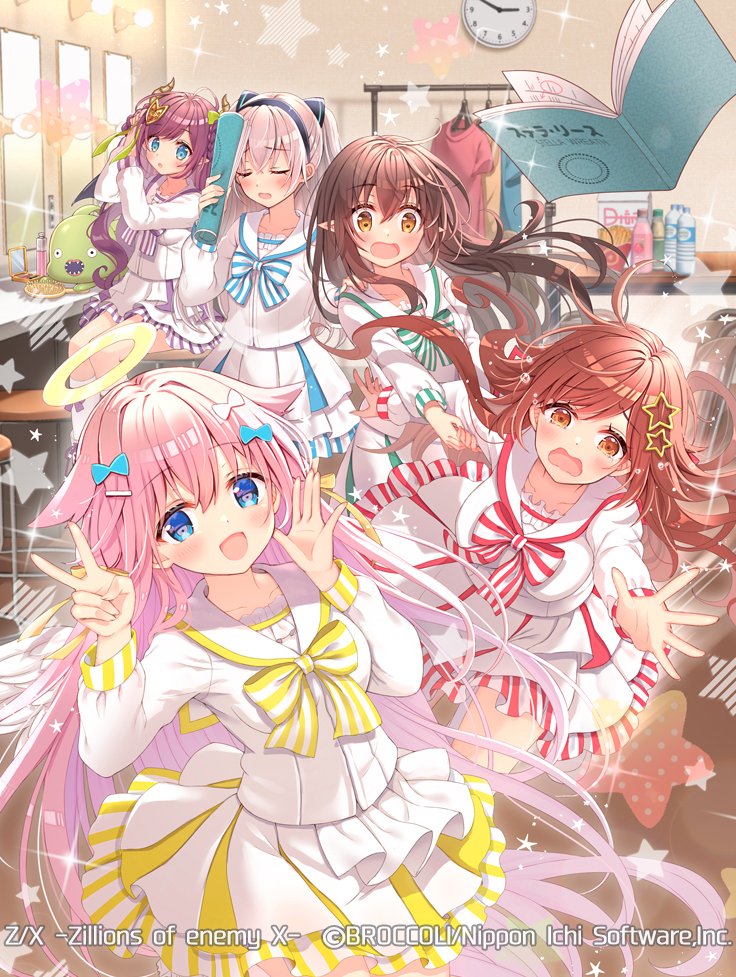 5girls, black_hair, black_hairband, blue_bow, blue_eyes, book, bow, bowtie