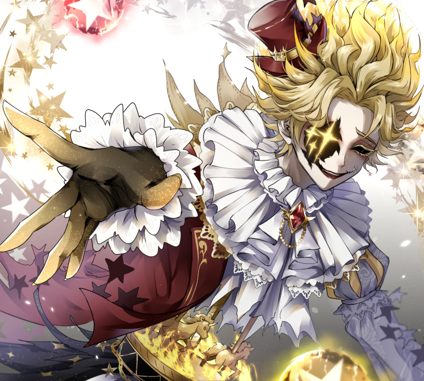 1boy, black_eyes, blonde_hair, cracked_skin, gem, half-jacket, hat, highres