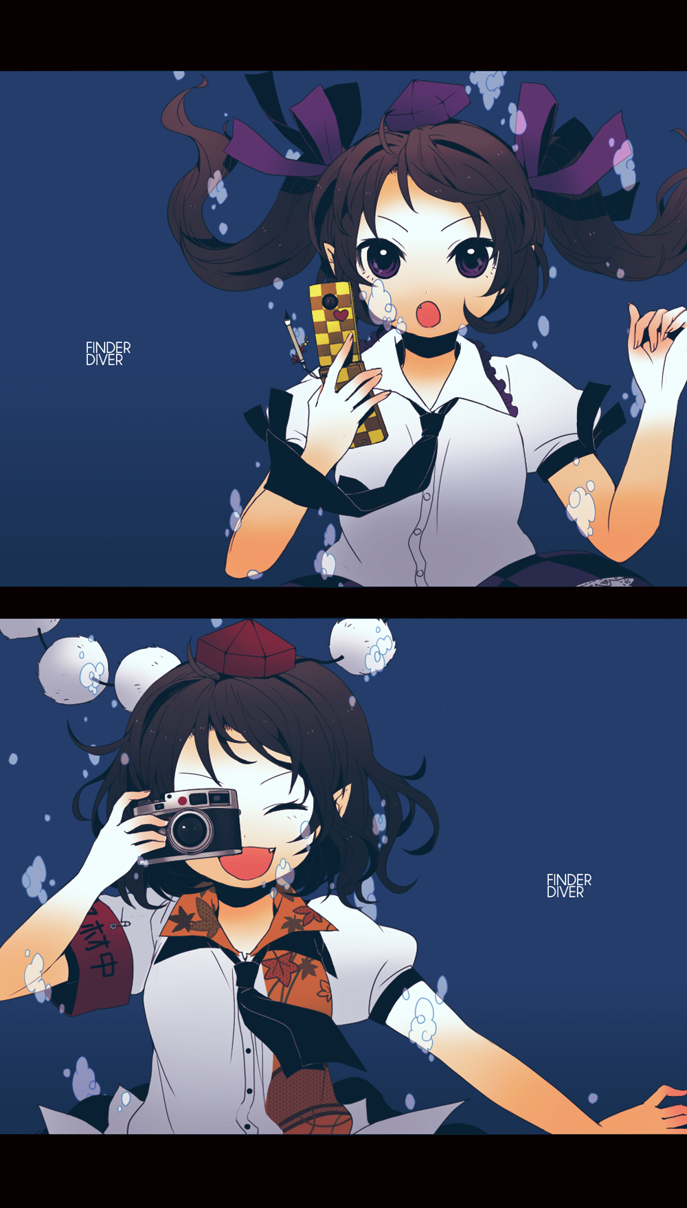 armband, black_hair, brown_hair, bubble, bust, camera, cellphone, cellphone_camera, checkered, checkered_skirt, closed_eyes, dress_shirt, eyes_closed, fang, hat, highres, himekaidou_hatate, kanitama_(putyourhead), leica_(camera), multiple_girls, necktie, open_mouth, phone, pointy_ears, purple_eyes, shameimaru_aya, shirt, short_hair, skirt, smile, tokin_hat, touhou, twintails, underwater, violet_eyes