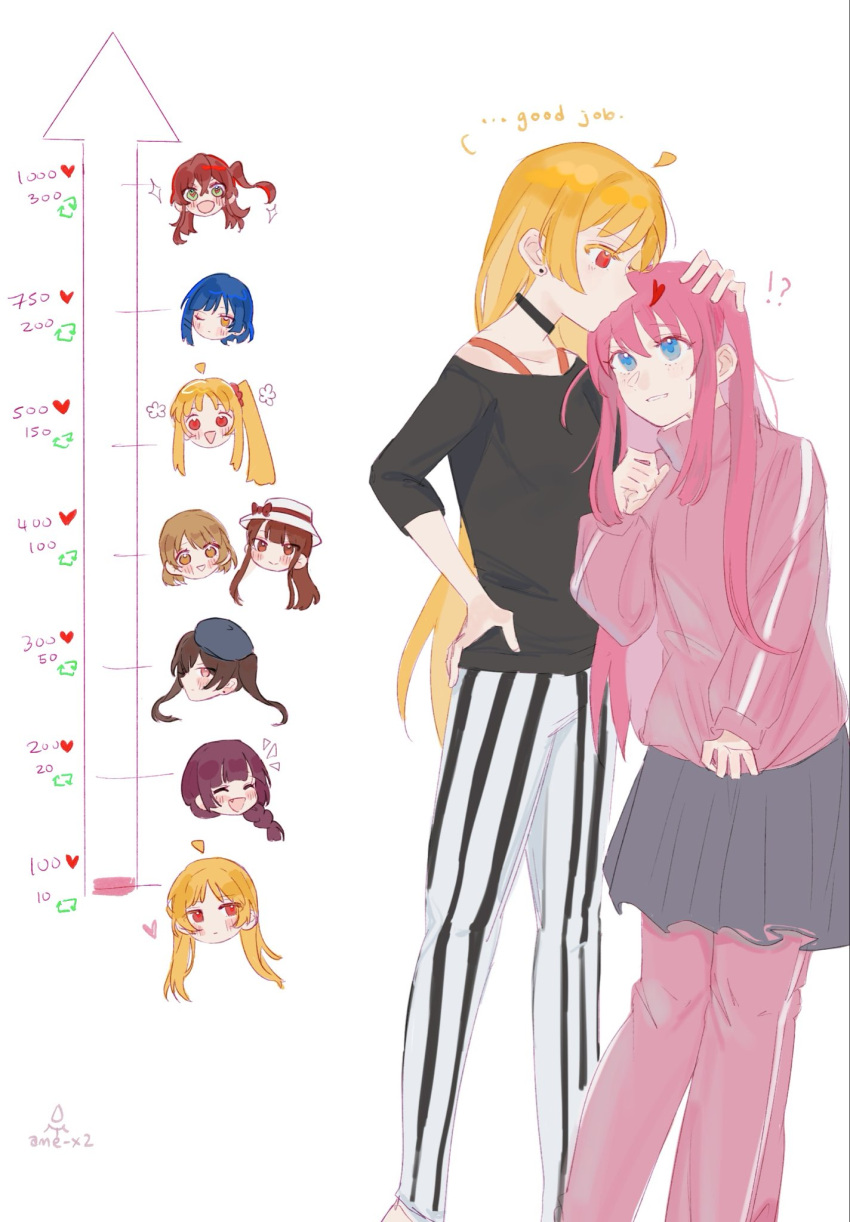 6+girls, ahoge, black_choker, black_hat, black_shirt, blonde_hair, blue_eyes, blue_hair
