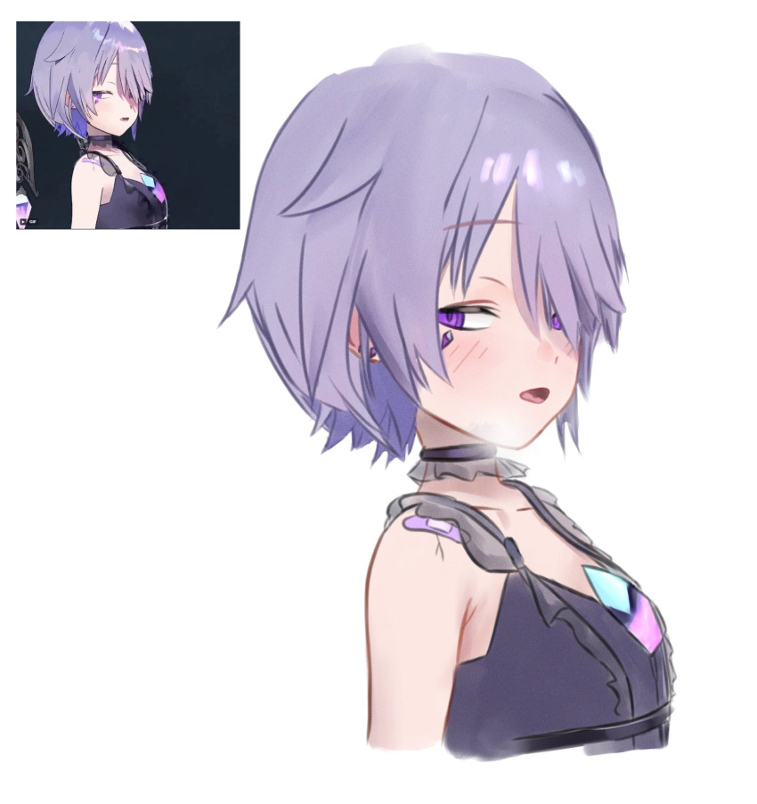 1girl, bandaid, bandaid_on_shoulder, black_shirt, chest_jewel, cracked_skin, d5y0m, game_screenshot_inset