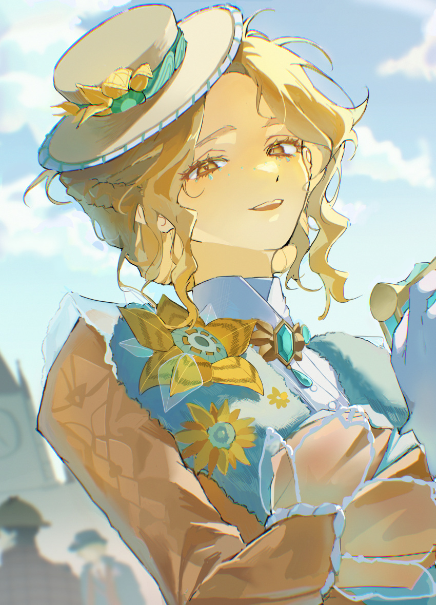 1girl, absurdres, alice_deross, aqua_gemstone, braid, brown_dress, clouds, cloudy_sky
