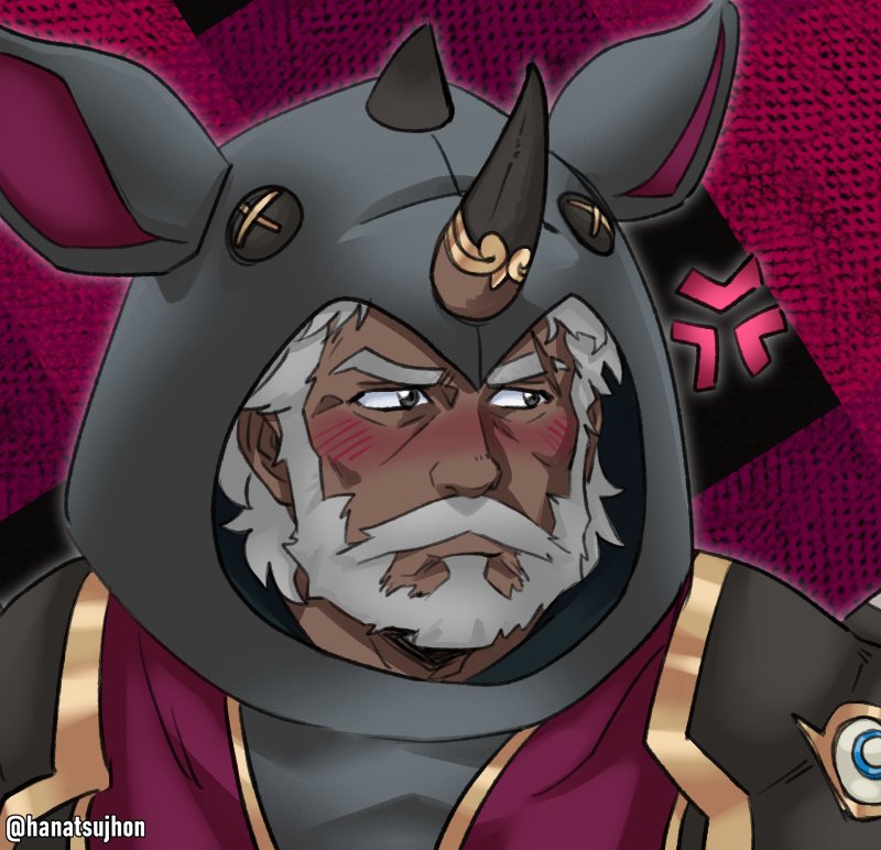 1boy, beard, blush, commentary, commission, dark-skinned_male, dark_skin, english_commentary, facial_hair, fire_emblem, fire_emblem_shadows, full_beard, gotthold_(fire_emblem), grey_eyes, grey_hair, hanatsu_jhon, male_focus, mustache, official_alternate_costume, old, old_man, portrait, scar, scar_across_eye, scar_on_face, second-party_source, solo, twitter_username