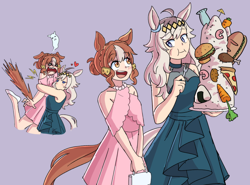 2girls, ahoge, alternate_costume, animal_ears, bag, belno_light_(umamusume), blue_dress, blue_eyes