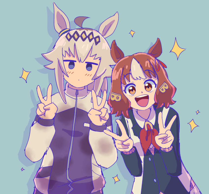 2girls, ahoge, animal_ears, belno_light_(umamusume), blue_eyes, breasts, brown_hair, closed_mouth