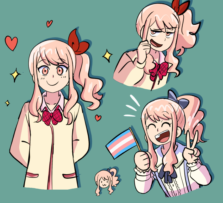 1other, ^_^, akiyama_mizuki, black_bow, bow, closed_eyes, dress, eggtempest, flag, green_background, heart, holding, holding_flag, kamiyama_high_school_uniform_(project_sekai), long_hair, long_sleeves, looking_at_viewer, multiple_views, open_mouth, other_focus, pink_eyes, pink_hair, project_sekai, red_bow, school_uniform, shirt, side_ponytail, sidelocks, simple_background, smile, sparkle, transgender_flag, v, white_dress