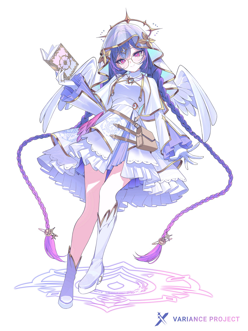 1girl, absurdly_long_hair, absurdres, bag, book, boots, braid, breasts, capelet, commentary_request, copyright_name, dress, feathered_wings, full_body, ggatip, glasses, gloves, gold_trim, gradient_hair, halo, highres, holding, holding_book, leaning_back, leia_memoria, long_hair, looking_at_viewer, magic_circle, medium_breasts, multicolored_hair, official_art, pink_eyes, pink_hair, purple_hair, simple_background, smile, solo, standing, standing_on_magic_circle, twin_braids, variance_project, veil, very_long_hair, virtual_youtuber, white_background, white_boots, white_capelet, white_dress, white_gloves, white_wings, wings