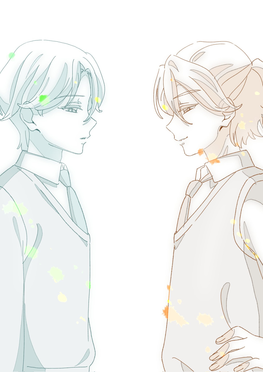2boys, closed_mouth, hair_between_eyes, half_updo, hands_on_own_waist, hibiki_kaito, highres, jogi_(precure)