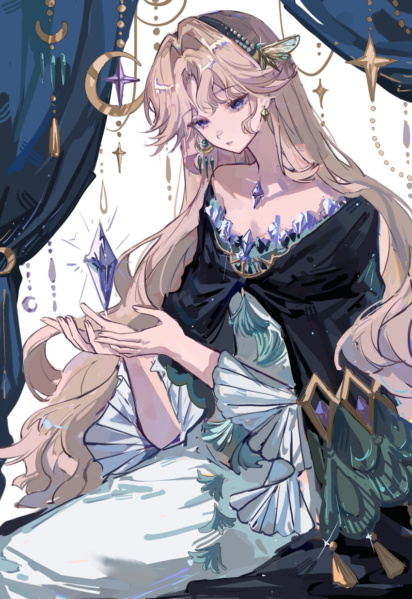 1girl, absurdres, bare_shoulders, beryl_bouanich, black_cloak, blue_eyes, blue_gemstone, brown_hair, cloak, cowboy_shot, crescent, crescent_earrings, crystal, crystal_earrings, curtains, dress, earrings, floating_earrings, gem, hair_ornament, hands_up, highres, jewelry, long_hair, mismatched_earrings, off-shoulder_dress, off_shoulder, parted_lips, procreate_(medium), qixianweijin, reverse:1999, sitting, solo, sparkle, very_long_hair, white_background, white_dress
