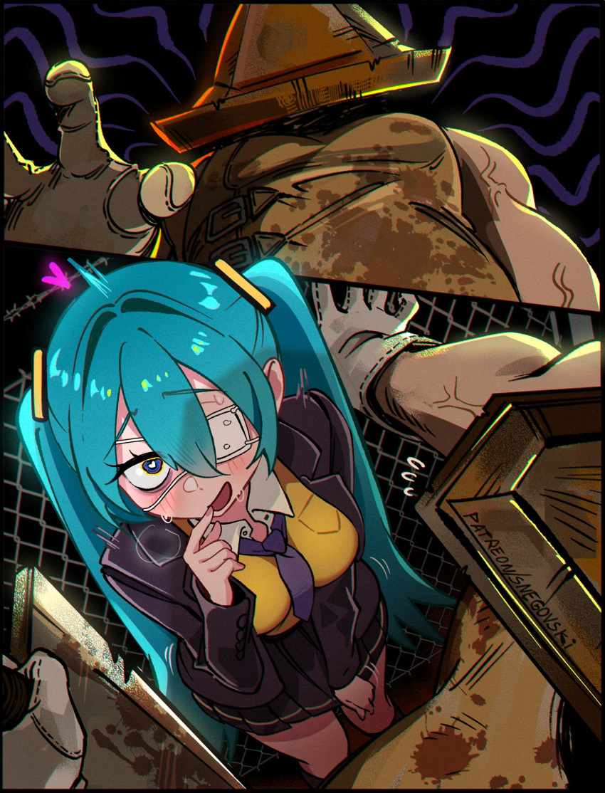 1girl, aqua_hair, blood, blush, eyepatch, female_pov, from_above, from_below