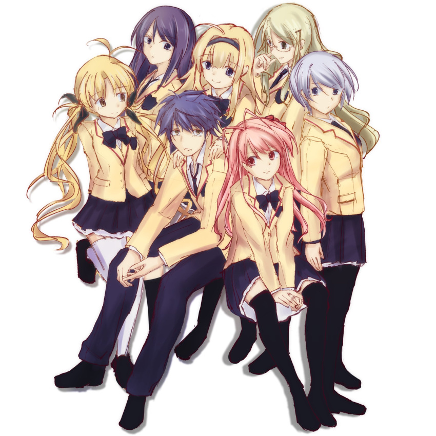 1boy, 6+girls, ahoge, aoi_sena, blazer, blonde_hair, blue_eyes, blue_hair, bow, bowtie, brother_and_sister, chaos;head, cheren_r, everyone, glasses, green_eyes, hair_ornament, hair_ribbon, hairband, hairclip, highres, jacket, kishimoto_ayase, kusunoki_yua, long_hair, long_sleeves, looking_at_viewer, miniskirt, multiple_girls, necktie, nishijou_nanami, nishijou_takumi, open_mouth, orihara_kozue, pantyhose, pink_hair, pleated_skirt, purple_hair, ribbon, sakihata_rimi, school_uniform, science_adventure, shoes, short_hair, siblings, simple_background, sitting, skirt, smile, suimei_academy_school_uniform, thigh-highs, violet_eyes, white_thighhighs, yellow_eyes, zettai_ryouiki