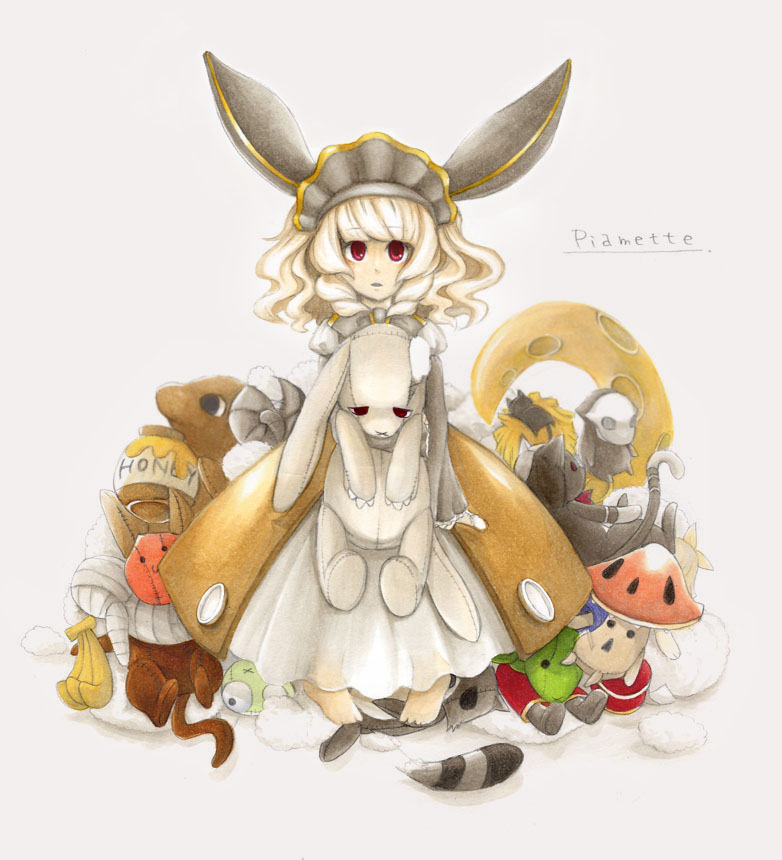 1girl, baphomet_jr, barefoot, blonde_hair, brown_dress, character_name, commentary_request, dolor_of_thanatos