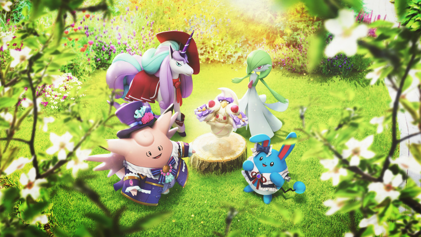 3d, alcremie, alcremie_(strawberry_sweet), alcremie_(tea_party), azumarill, azumarill_(tea_party), black_eyes, blue_bow, bob_cut, bow, clefable, clefable_(fashionable), clothed_pokemon, colored_skin, dress, galarian_rapidash, galarian_rapidash_(elegant), gardevoir, grass, green_hair, green_skin, hat, highres, horns, multicolored_skin, official_art, on_grass, pink_eyes, pink_skin, pokemon, pokemon_(creature), pokemon_unite, purple_bow, single_horn, third-party_source, top_hat, tree_stump, two-tone_skin, unicorn, white_dress, white_skin