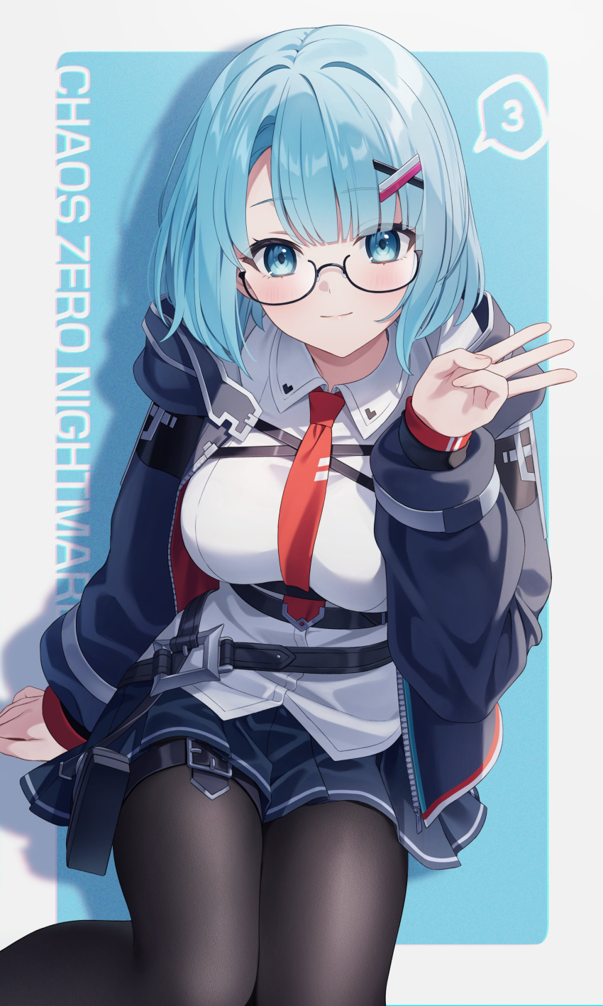 1girl, absurdres, aqua_eyes, aqua_hair, black-framed_eyewear, black_pantyhose, blue_jacket, blue_skirt, breasts, chaos_zero_nightmare, chest_harness, closed_mouth, glasses, harness, highres, jacket, jimmy_madomagi, large_breasts, long_sleeves, looking_at_viewer, looking_over_eyewear, medium_hair, mika_(chaos_zero_nightmare), miniskirt, necktie, off_shoulder, open_clothes, open_jacket, pantyhose, pleated_skirt, red_necktie, semi-rimless_eyewear, shirt, skirt, smile, solo, under-rim_eyewear, white_shirt