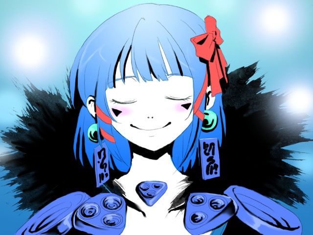 1girl, blue_theme, blunt_bangs, blush, bow, closed_eyes, closed_mouth, commentary_request, earrings, fumizuki_kei, fur_collar, hair_bow, high_contrast, jewelry, limited_palette, ragnarok_online, red_bow, short_hair, smile, solo, sorcerer_(ragnarok_online), sphere_earrings, upper_body
