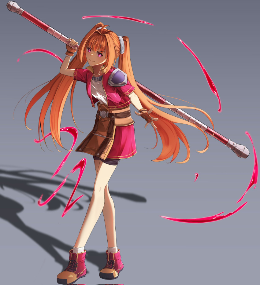 1girl, ahoge, antenna_hair, armor, bike_shorts, bike_shorts_under_skirt, bo_staff, brown_gloves, brown_hair, closed_mouth, corecamilox4, cropped_jacket, eiyuu_densetsu, english_commentary, estelle_bright, fingerless_gloves, full_body, gloves, grey_background, hair_between_eyes, hair_intakes, highres, holding, holding_staff, holding_weapon, jacket, long_hair, looking_at_viewer, pauldrons, red_eyes, shadow, shoes, short-sleeved_jacket, short_sleeves, shorts, shorts_under_skirt, shoulder_armor, simple_background, single_pauldron, smile, sneakers, solo, sora_no_kiseki, staff, twintails, weapon