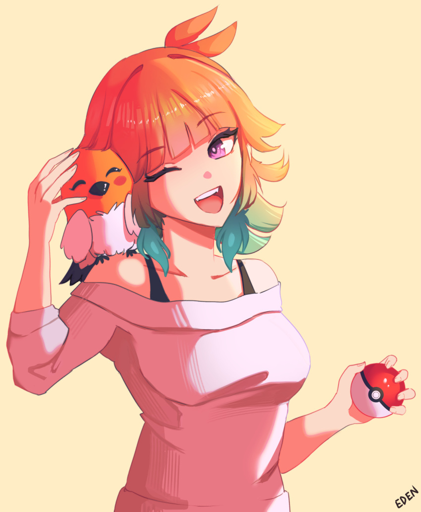 1girl, ;d, animal_on_shoulder, bird, bird_on_shoulder, breasts, collarbone, eden_exile