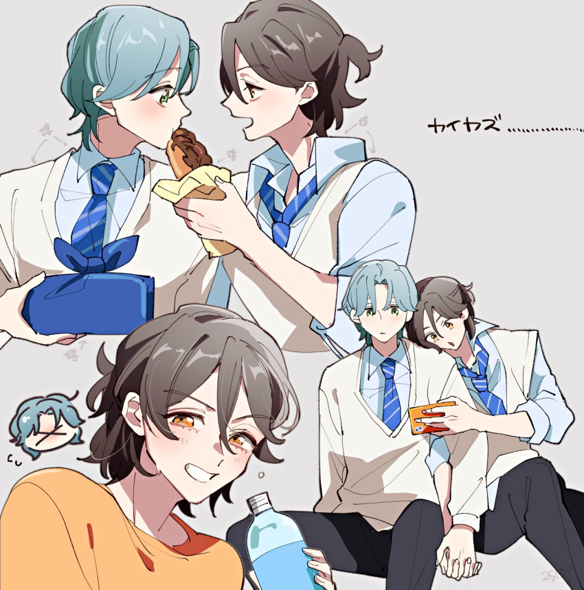 2boys, bento, bread, bread_slice, brown_hair, eating, feeding, food