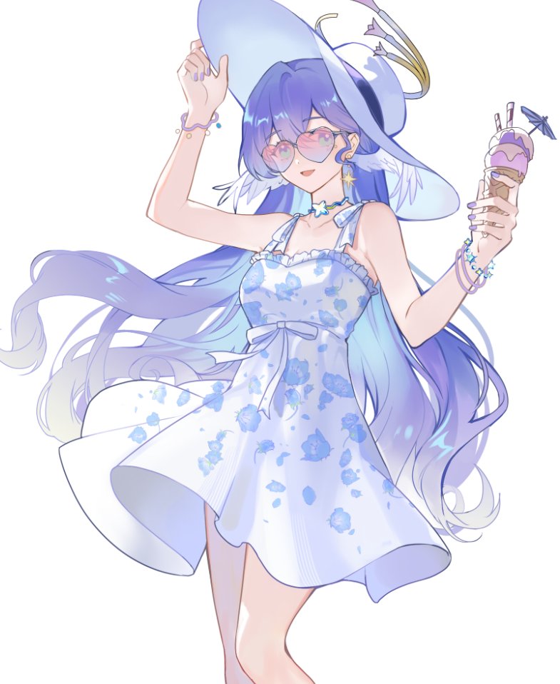 1girl, alternate_costume, aqua_eyes, arm_up, bare_shoulders, bracelet, choker, dress, earrings, feathered_wings, floral_print, floral_print_dress, food, hair_between_eyes, halo, hand_on_headwear, hand_up, hashtag-only_commentary, hat, head_wings, heart, heart-shaped_eyewear, holding, holding_ice_cream_cone, honkai:_star_rail, honkai_(series), ice_cream, ice_cream_cone, jewelry, long_hair, looking_at_viewer, multiple_scoops, nail_polish, open_mouth, pink-tinted_eyewear, print_dress, purple_hair, purple_nails, robin_(honkai:_star_rail), saru_youichi, simple_background, sleeveless, sleeveless_dress, smile, solo, star_(symbol), star_bracelet, star_choker, sun_hat, sundress, sunglasses, tinted_eyewear, white_background, white_dress, white_hat, white_wings, wings