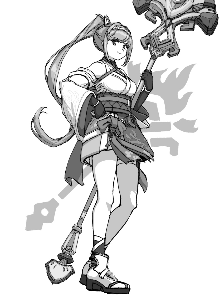 1girl, breasts, chin_bell, closed_mouth, commentary_request, full_body, glimmer_(xenoblade), greyscale