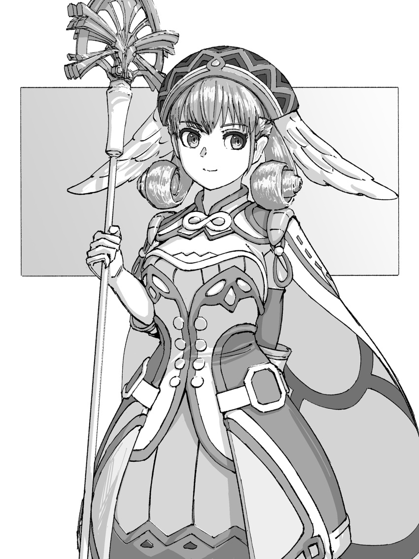 1girl, cape, chin_bell, closed_mouth, commentary_request, curly_hair, dress, greyscale