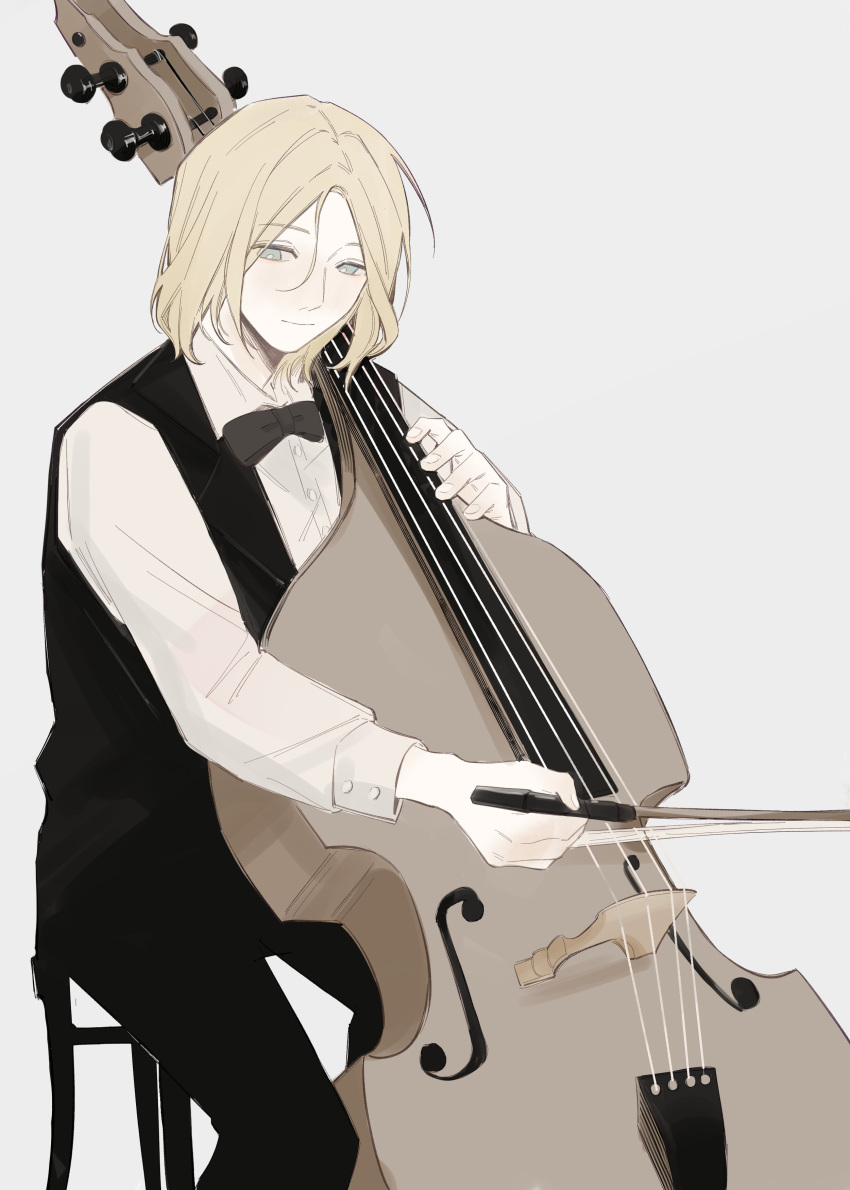 1boy, absurdres, alternate_costume, black_bow, black_bowtie, black_pants, blonde_hair, blue_eyes