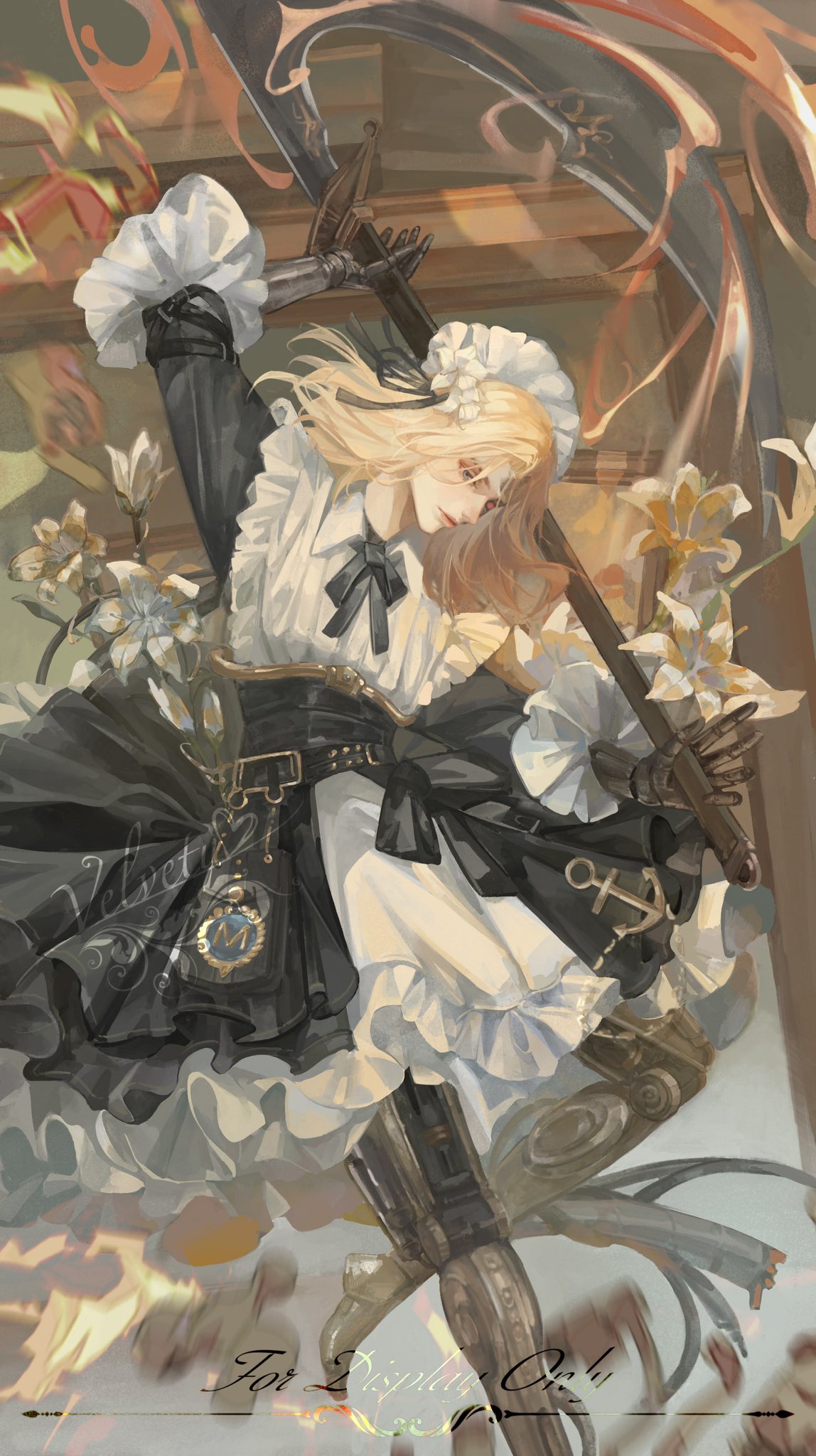 1boy, alternate_costume, androgynous, blonde_hair, blue_eyes, chengya_huanwo, commentary, commission