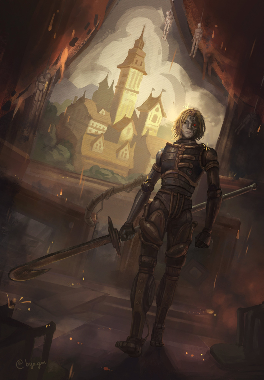 1boy, absurdres, black_sclera, blonde_hair, boss_fight, byougen, colored_sclera, commentary, embers, english_commentary, full_body, highres, holding, holding_weapon, in-universe_location, indoors, joints, lies_of_p, looking_at_viewer, male_focus, marionette, puppet, red_eyes, robot_joints, romeo_(lies_of_p), solo, walking, weapon