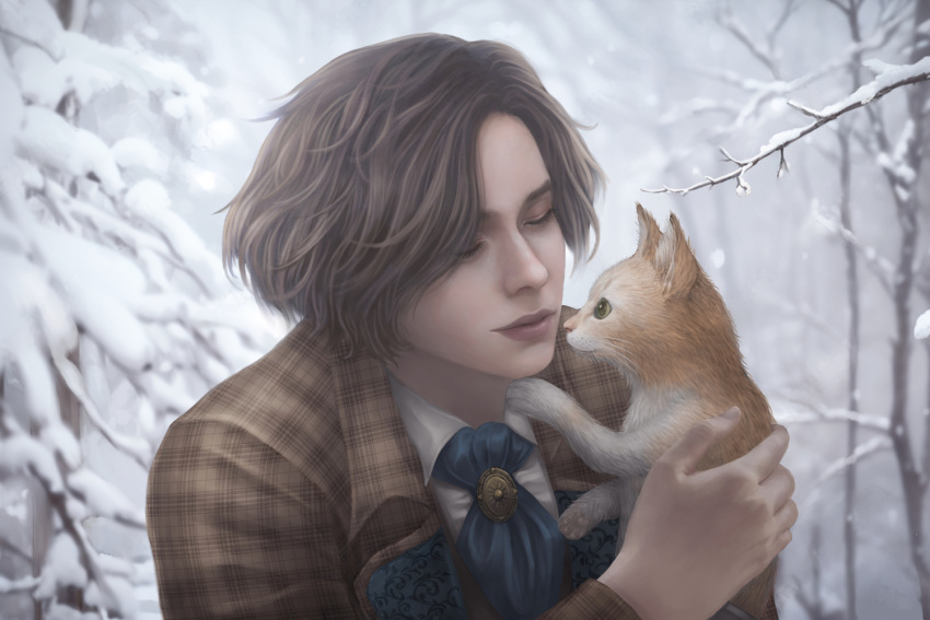 1boy, animal, blurry, blurry_background, brown_hair, cat, closed_eyes, commentary